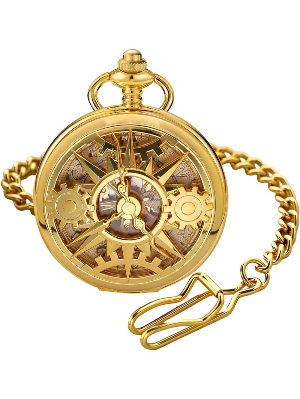 Mens All Gold Vintage Style Hollow-Out Round Gear Arabic Mechanical Pocket Watch